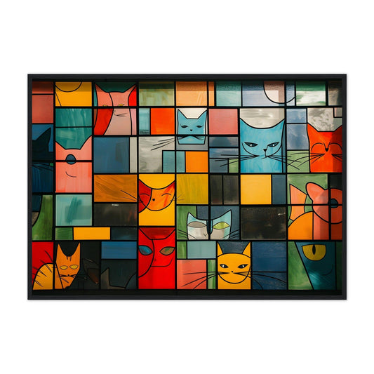 Mondrian Inspired: Abstract Kitty Cats - Premium Framed Poster - #wall_art_masterpiece#