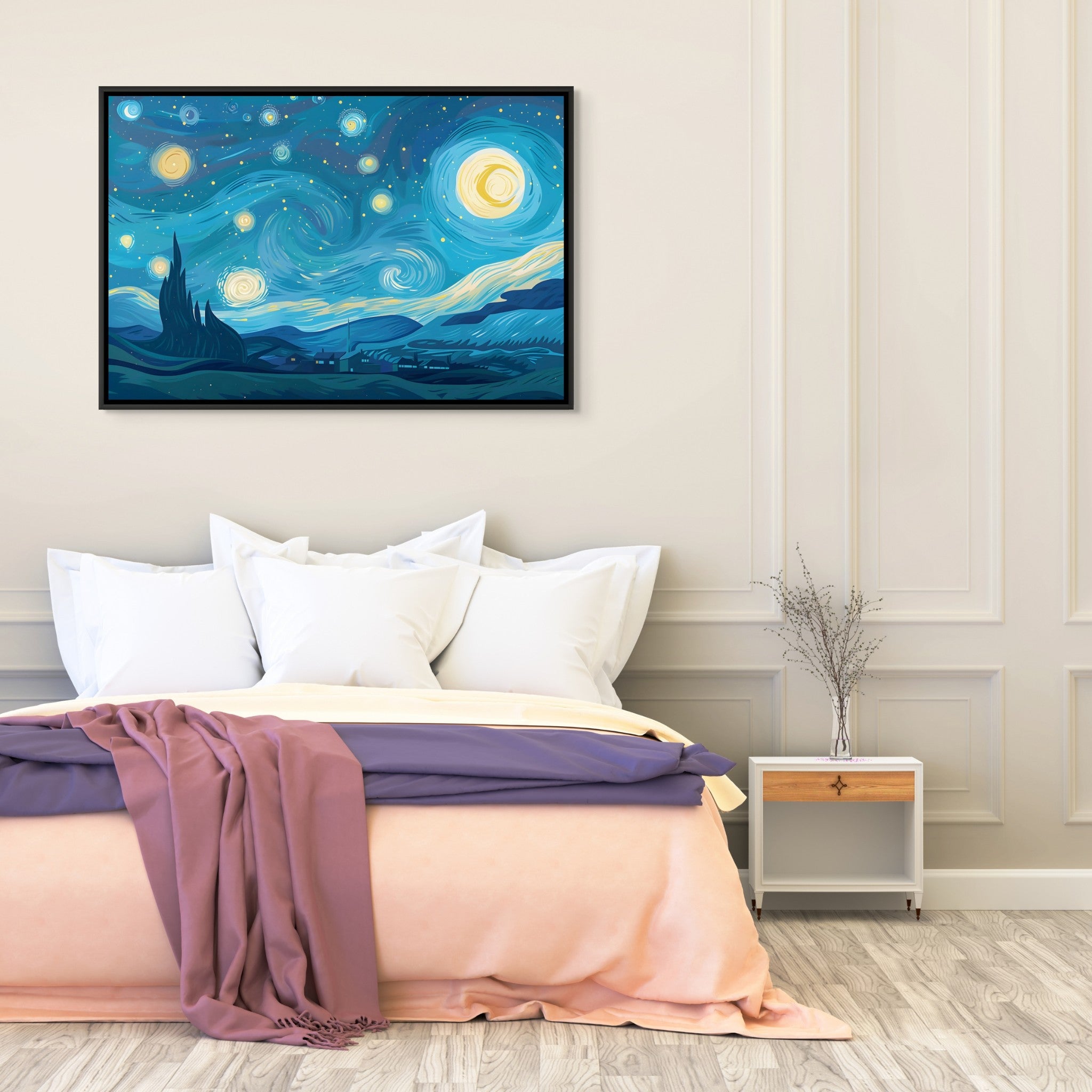 Van Gogh Inspired: Celestial Moon - Framed Canvas - #wall_art_masterpiece#