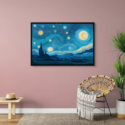 Van Gogh Inspired: Celestial Moon - Framed Canvas - #wall_art_masterpiece#