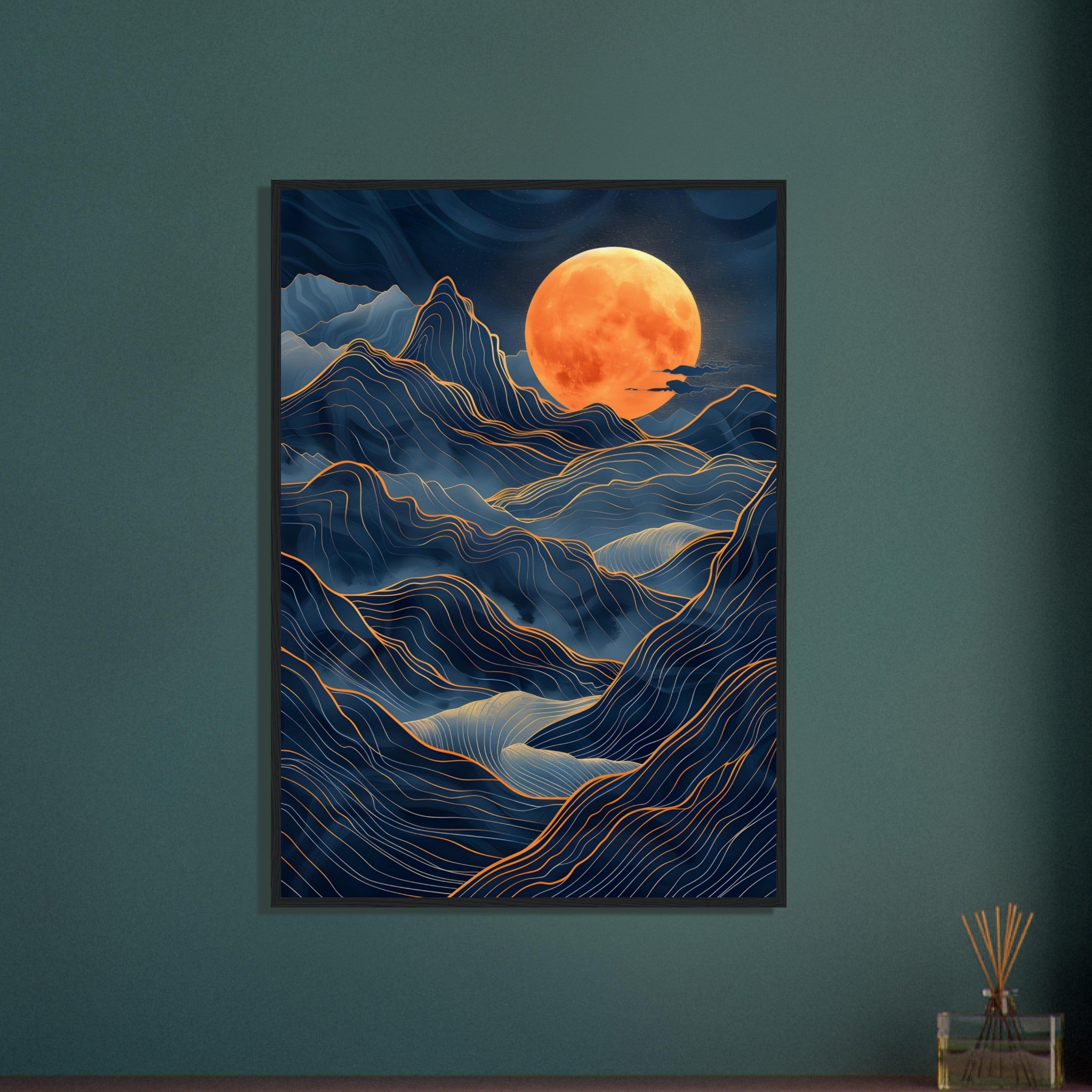 Lino Cut: Moonlit Mountain Range - Premium Framed Poster - #wall_art_masterpiece#