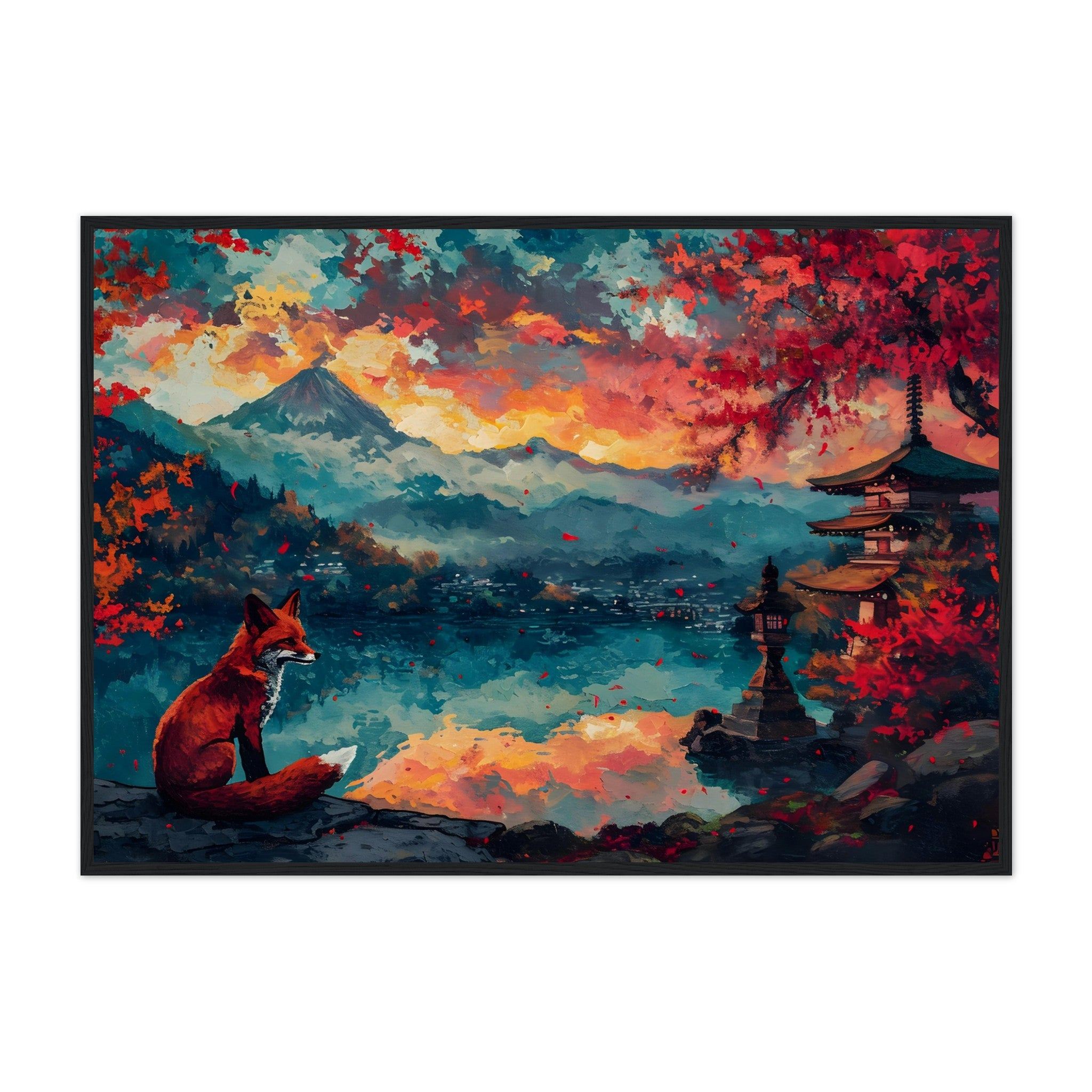 Serene Sunset: Japanese Fox at Shrine - Premium Framed Poster - #wall_art_masterpiece#