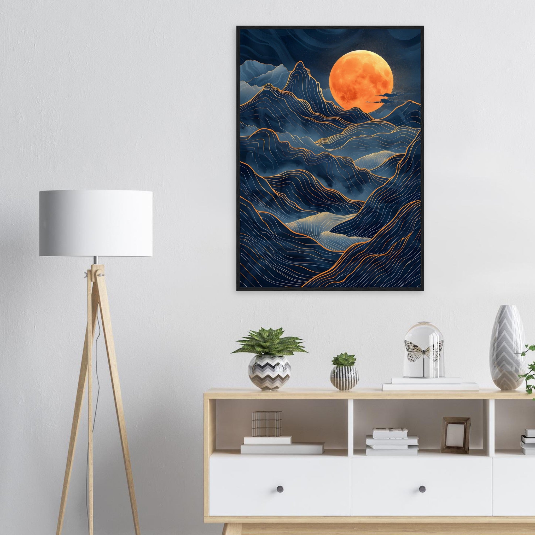 Lino Cut: Moonlit Mountain Range - Premium Framed Poster - #wall_art_masterpiece#