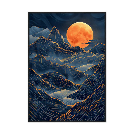 Lino Cut: Moonlit Mountain Range - Premium Framed Poster - #wall_art_masterpiece#