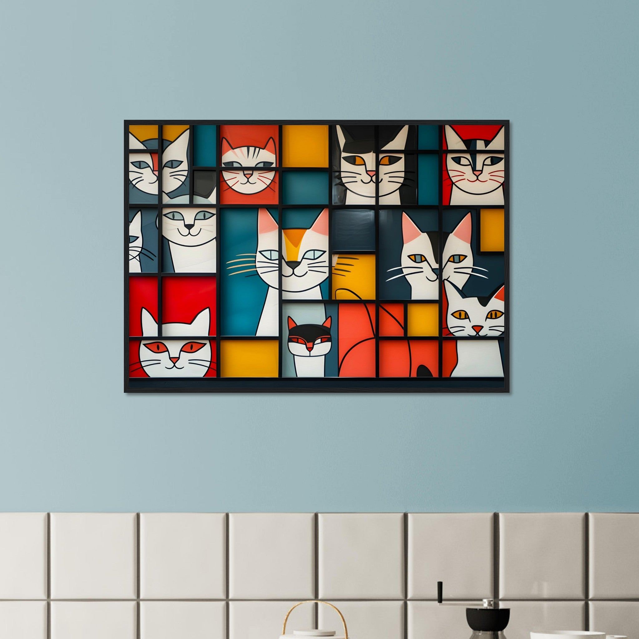 Mondrian Inspired: Abstract Happy Cat - Premium Framed Poster - #wall_art_masterpiece#